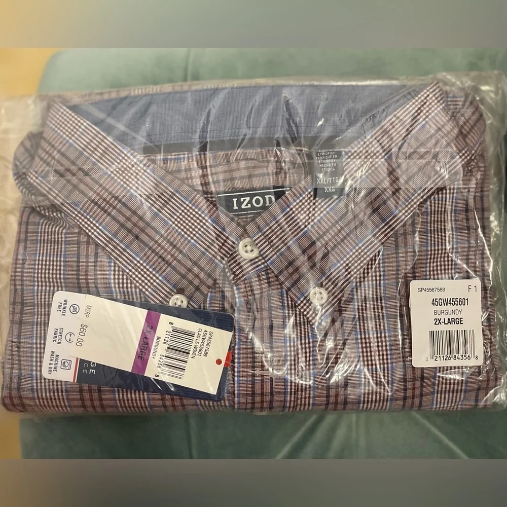 IZOD Mens 2XL Burgundy Plaid Button Down Long Sleeve Shirt Big & Tall NWT